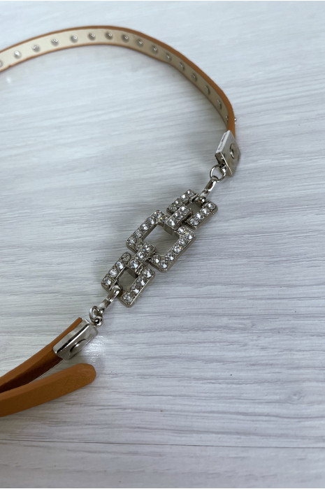 Thin camel belt with accessory and rhinestones - 2