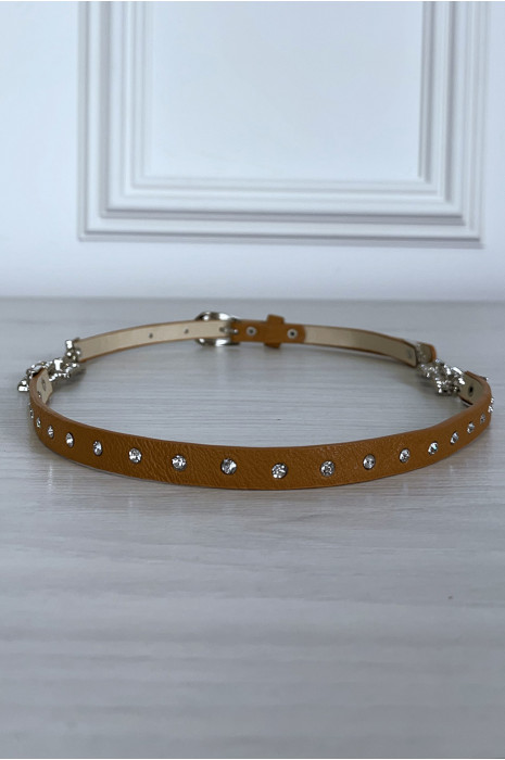 Thin camel belt with accessory and rhinestones - 4
