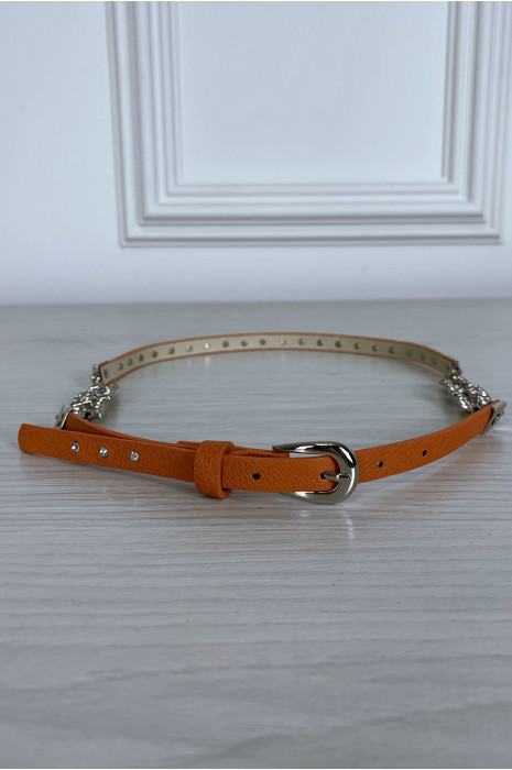 Thin orange belt with accessory and rhinestones - 1