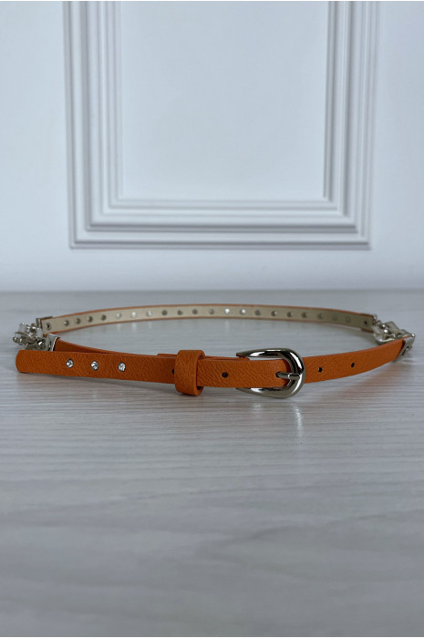 Dunne oranje riem met accessoire en strass steentjes - 2