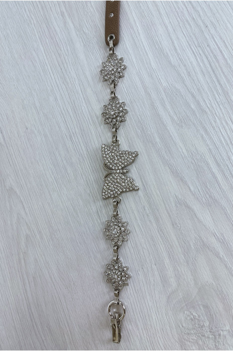 Ceinture marron avec chêne et accessoire papillon en strass - 3