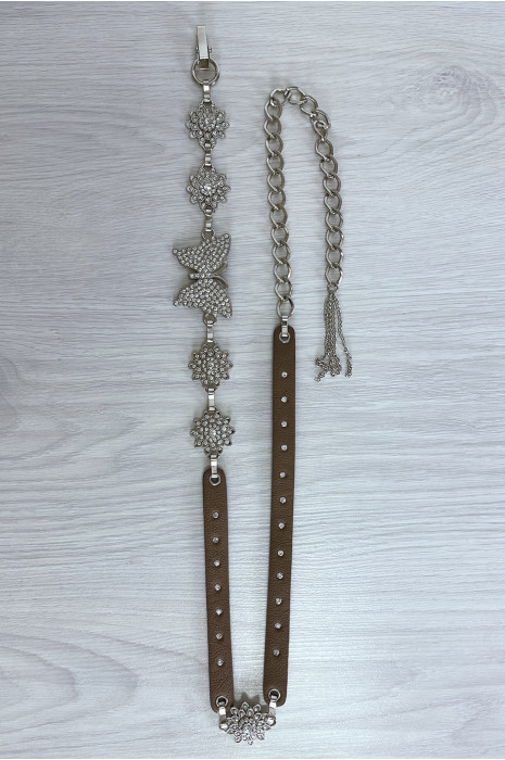 Ceinture marron avec chêne et accessoire papillon en strass - 4