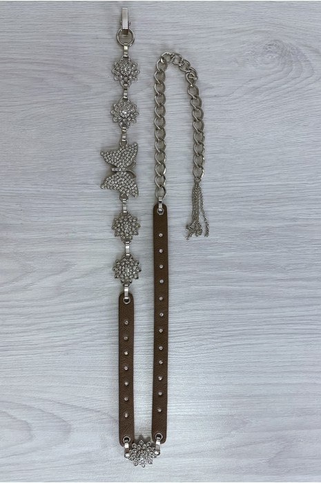 Ceinture marron avec chêne et accessoire papillon en strass - 5