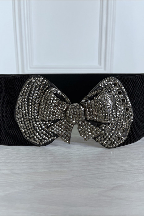 Ceinture élastique noir avec boucle papillon en strass - 1