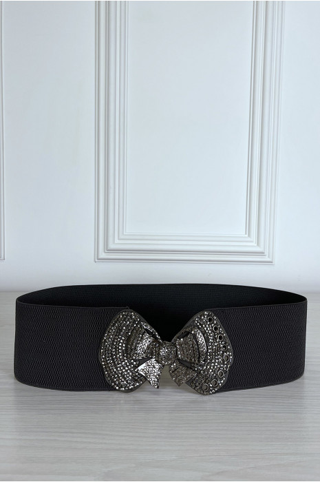 Ceinture élastique grise avec boucle papillon en strass - 1