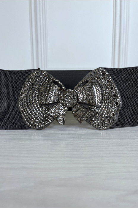 Ceinture élastique grise avec boucle papillon en strass - 3