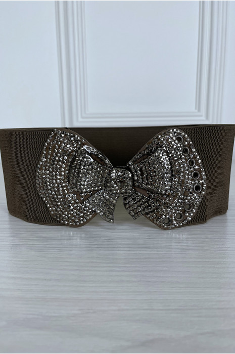 Ceinture élastique marron avec boucle papillon en strass - 2
