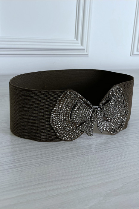 Ceinture élastique marron avec boucle papillon en strass - 3
