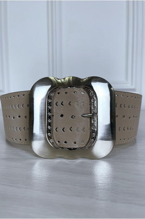 Grosse ceinture taupe à motif avec boucle argenté - 4