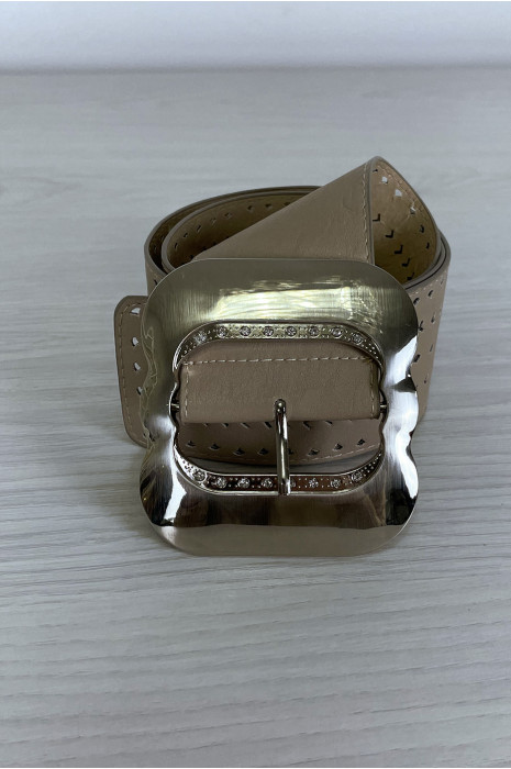 Grosse ceinture taupe à motif avec boucle argenté - 5