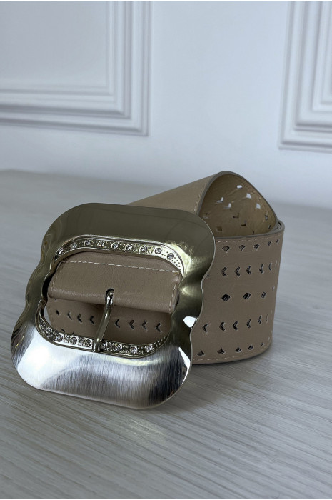 Grosse ceinture taupe à motif avec boucle argenté - 6