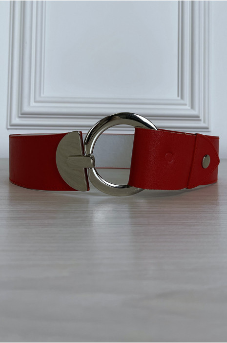 Grote rode faux lederen riem met zilveren cirkelgesp - 1