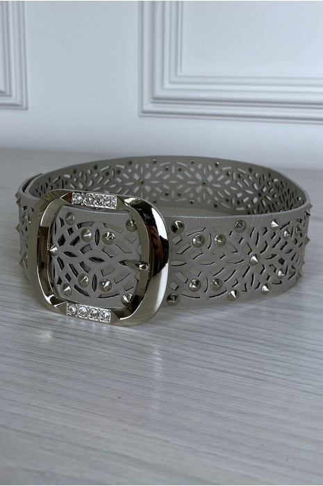 Ceinture grise clouté avec motif et boucle argenté avec strass - 1