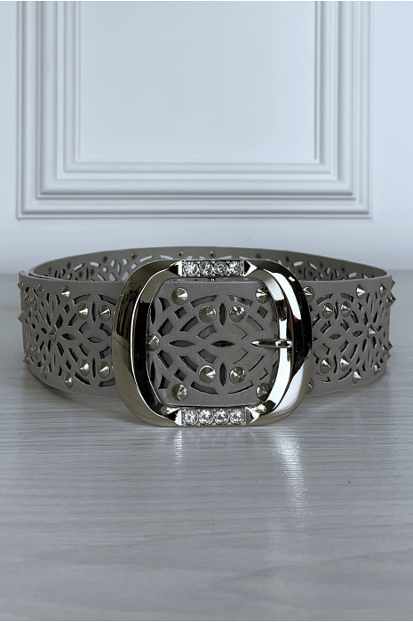 Ceinture grise clouté avec motif et boucle argenté avec strass - 2