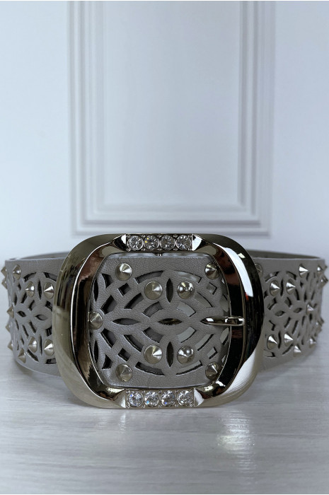 Ceinture grise clouté avec motif et boucle argenté avec strass - 3