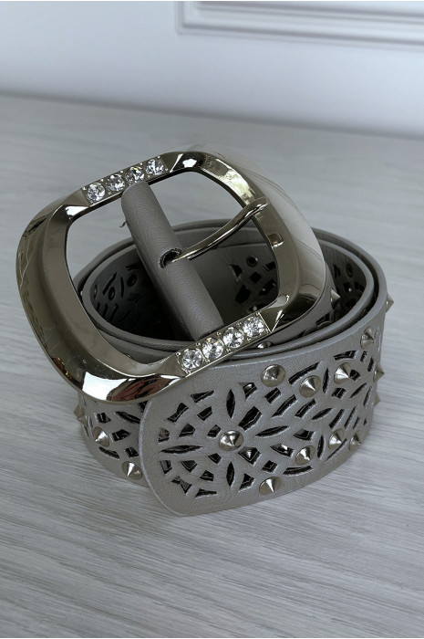 Ceinture grise clouté avec motif et boucle argenté avec strass - 4
