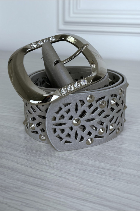 Ceinture grise clouté avec motif et boucle argenté avec strass - 5