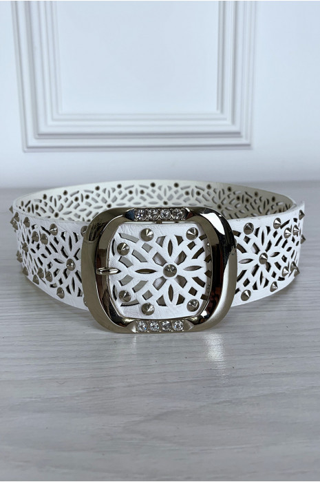 Ceinture blanche clouté avec motif et boucle argenté avec strass - 1