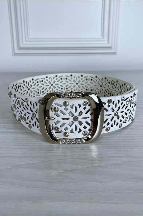 Ceinture blanche clouté avec motif et boucle argenté avec strass - 2