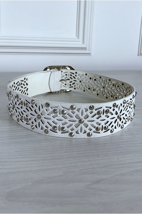 Ceinture blanche clouté avec motif et boucle argenté avec strass - 4