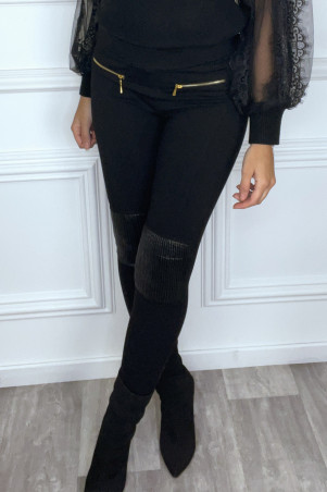 legging noir avec fermeture eclair dor e et empi cement en similicuir