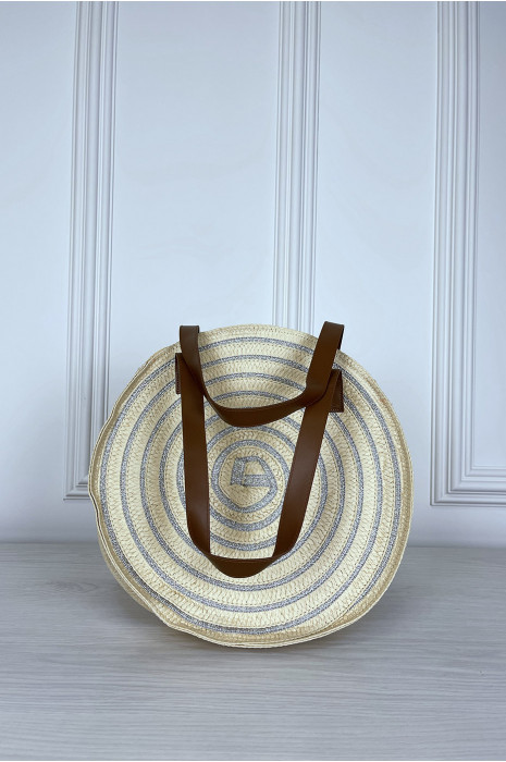 Sac de plage beige de forme ronde avec laniére camel - 1