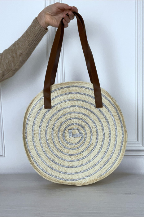 Sac de plage beige de forme ronde avec laniére camel - 2