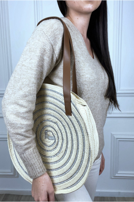 Sac de plage beige de forme ronde avec laniére camel - 5