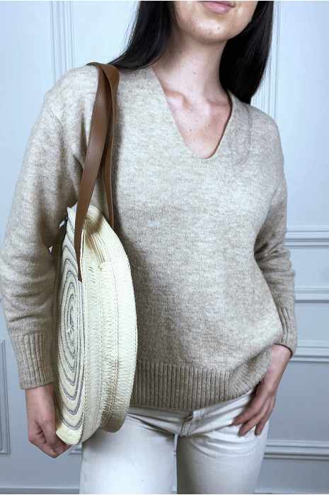 Sac de plage beige de forme ronde avec laniére camel - 6