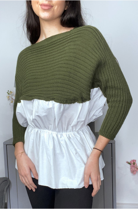Pull chemise bimatiere kaki resserré à la taille - 1