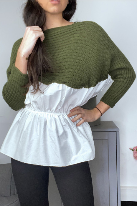 Pull chemise bimatiere kaki resserré à la taille - 2