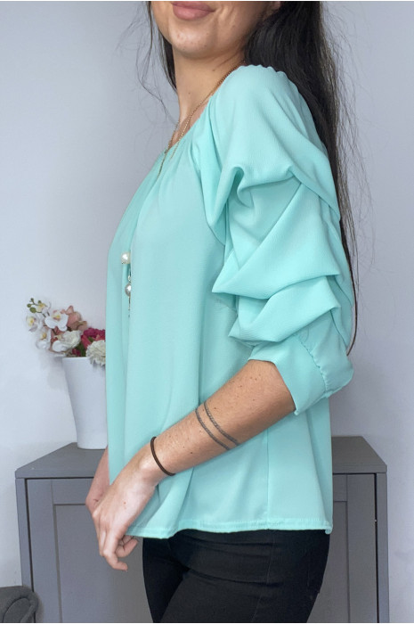 Blouse froncée turquoise à col bateau avec collier - 2