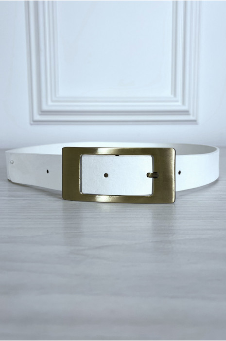 White faux leather belt with copper rectangle buckle - 2