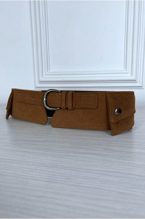 Camel suede belt with integrated pocket on the sides - 2