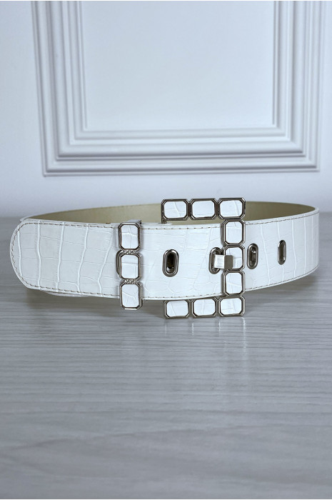 Witte imitatieleren riem met dessin en mooie gesp - 1