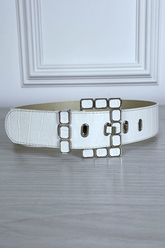 White patterned faux leather belt with pretty buckle - 1