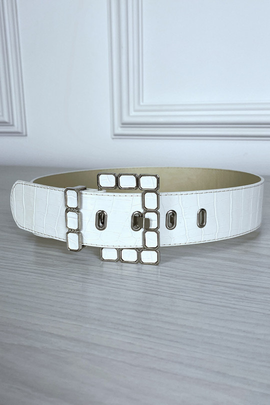 White patterned faux leather belt with pretty buckle - 2