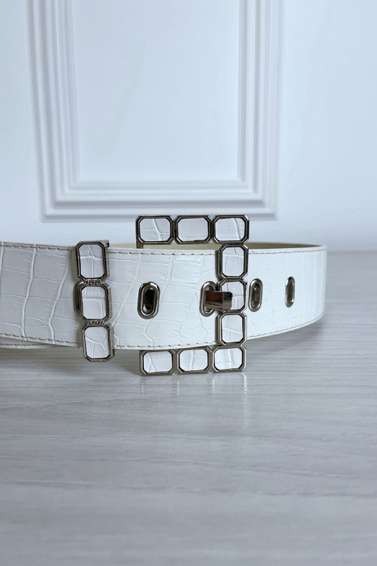 White patterned faux leather belt with pretty buckle - 5