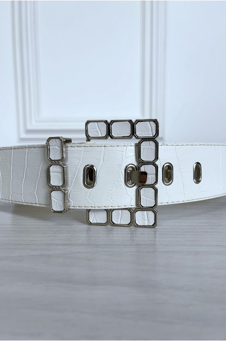 Witte imitatieleren riem met dessin en mooie gesp - 6