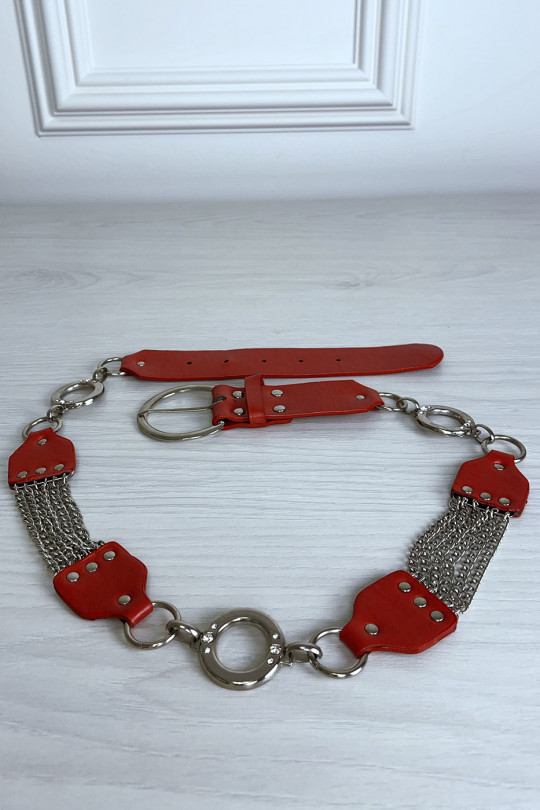 Red faux leather belt with oak and silver accessory - 1