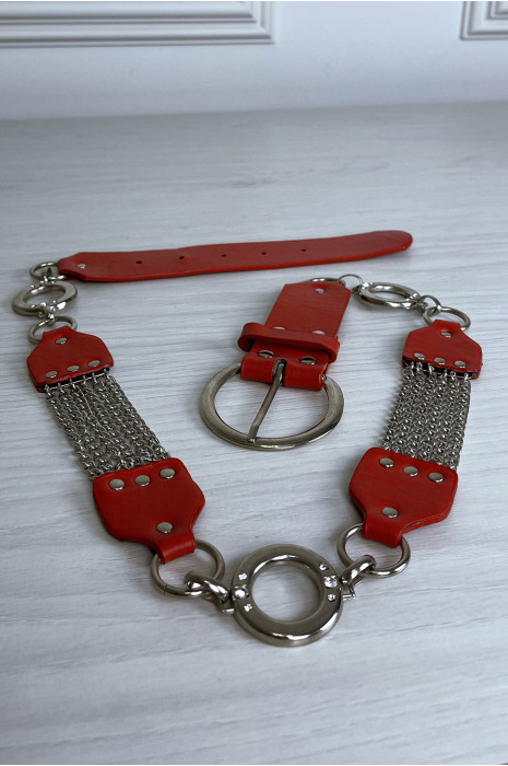 Ceinture rouge en simili avec chêne et accessoire argenté - 2
