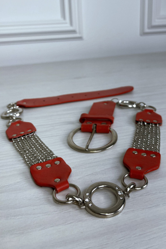 Red faux leather belt with oak and silver accessory - 3