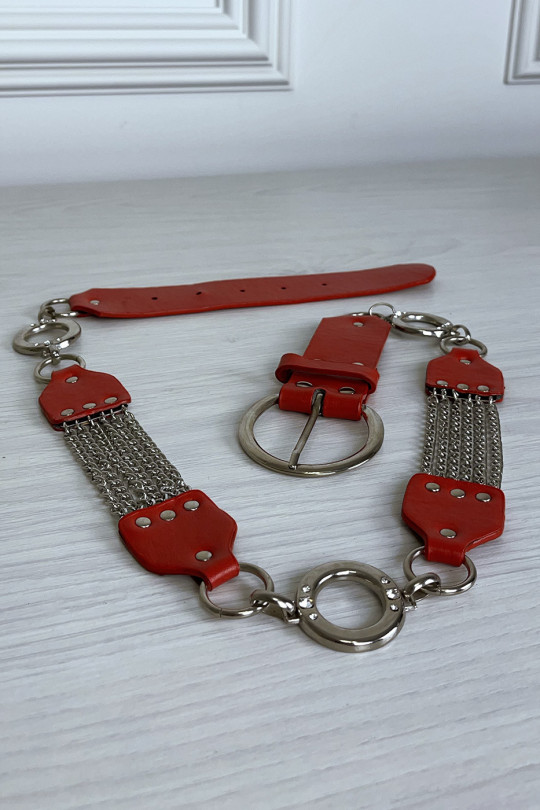 Red faux leather belt with oak and silver accessory - 5