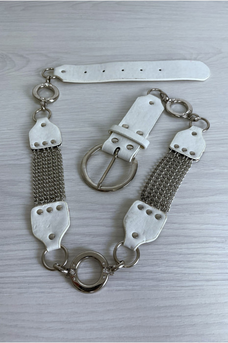 White faux leather belt with oak and silver accessory - 1