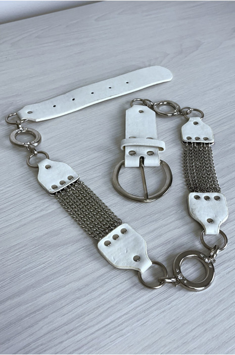 Witte imitatieleren riem met eiken en zilveren accessoire - 2