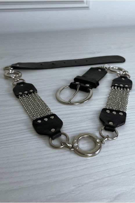 Ceinture noire en simili avec chêne et accessoire argenté - 1