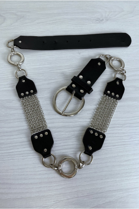 Ceinture noire en simili avec chêne et accessoire argenté - 2