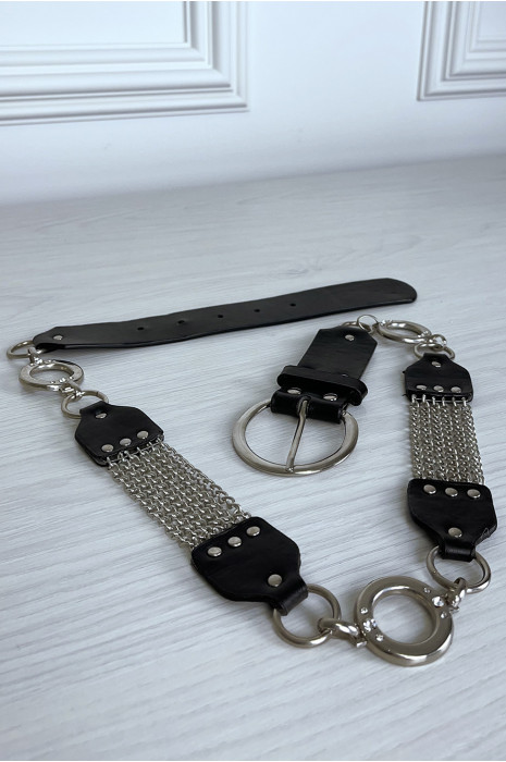 Ceinture noire en simili avec chêne et accessoire argenté - 3