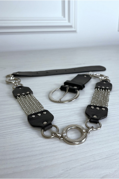 Ceinture noire en simili avec chêne et accessoire argenté - 4