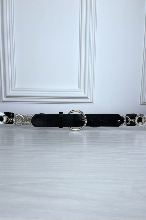 Ceinture noire en simili avec chêne et accessoire argenté - 5